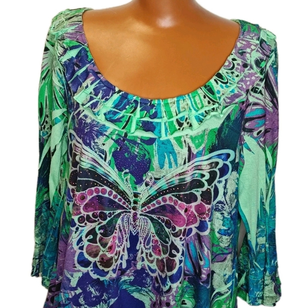 French Blue Embellished Buttferly Top Double Ruffled Scoop Neck Green Fairy Boho